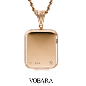 42mm (series 5,6) Gold Apple Watch pendant case with chain necklace. Back image with stylish CZ stone embedded and VOBARA label