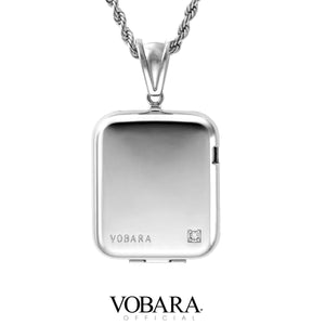 42mm (series 5,6) White gold Apple Watch pendant case with chain necklace. Back image with stylish CZ and VOBARA label.